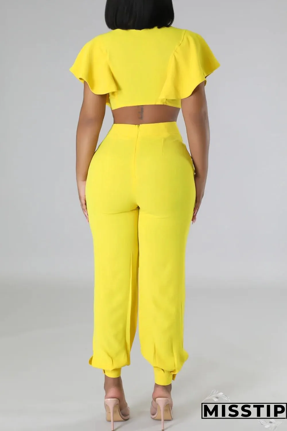 Yellow Casual Solid Frenulum V Neck Short Sleeve Two Pieces