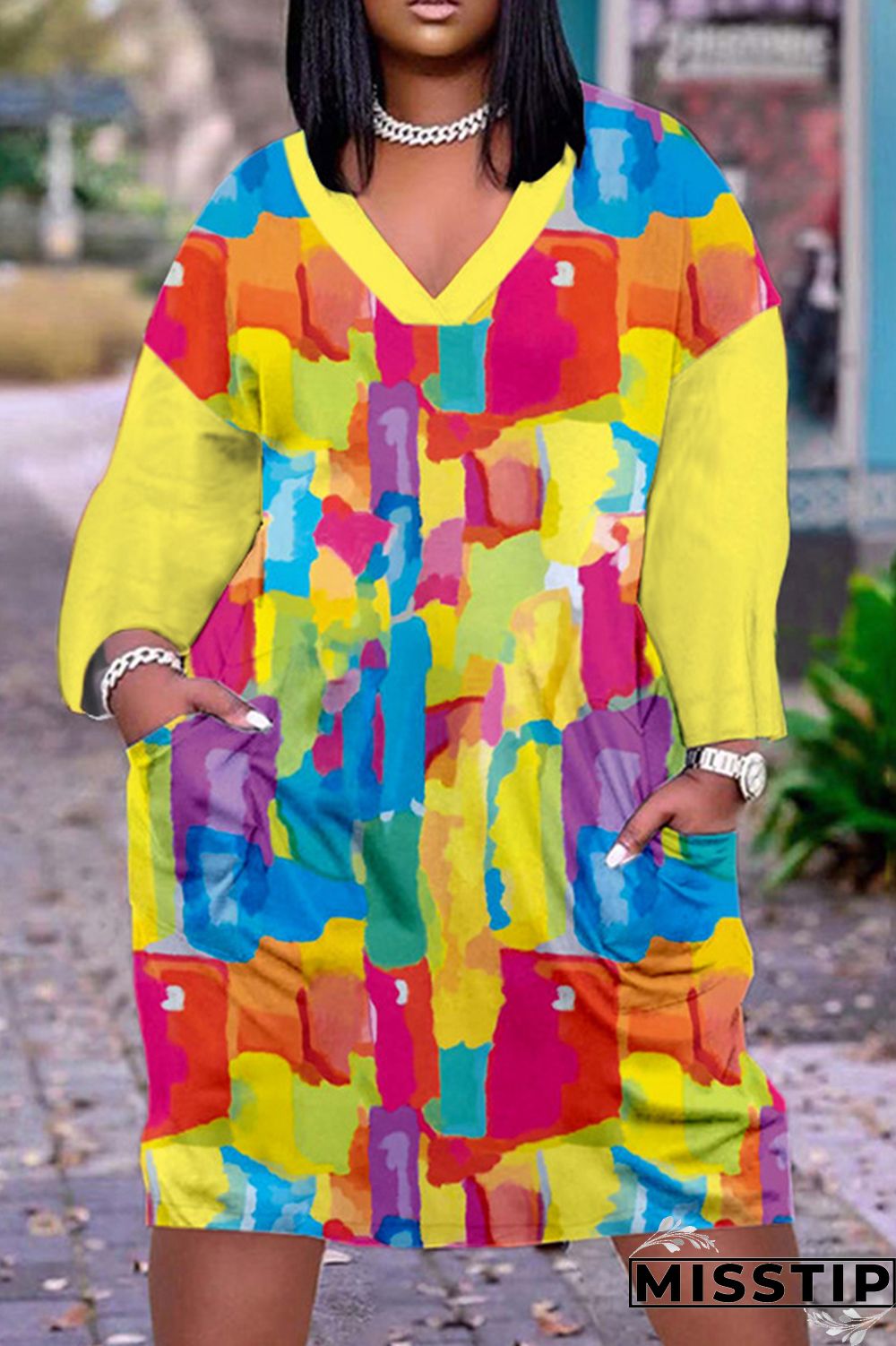 Leopard Print Casual Print Patchwork V Neck Long Sleeve Dresses