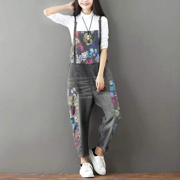 Women's Retro Denim Jumpsuit Vintage Tribal Floral Loose Jumpsuit Overall