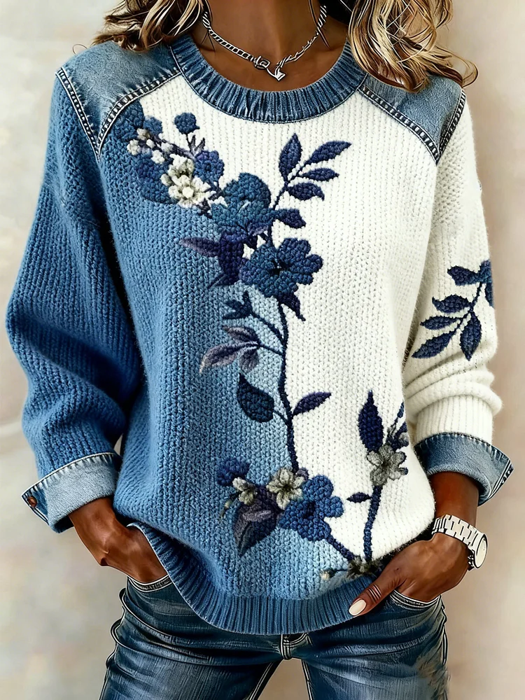 Women's Winter Dark Blue Floral Print Denim Patchwork Crew Neck Top 