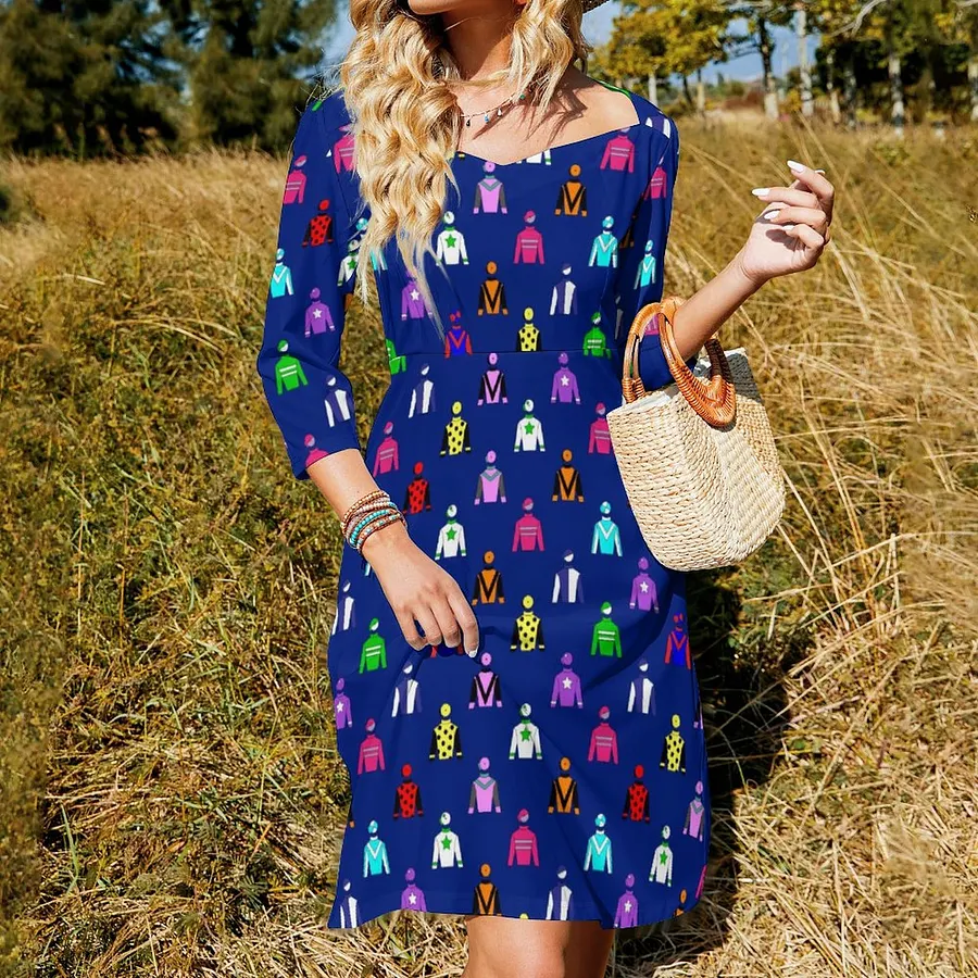 SFNEEWHO Jockey Silks Horse Racing Pattern Navy Blue Dress