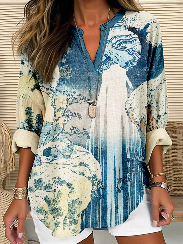 Comstylish Japanese Art Pattern Linen Blend Cozy Tunic