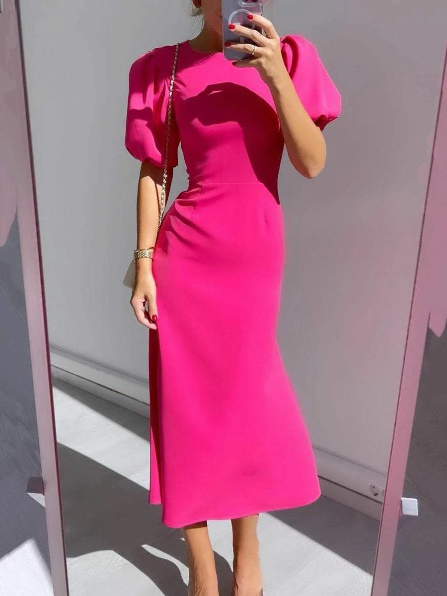 Simple High Waist Puff Sleeve Midi Dress