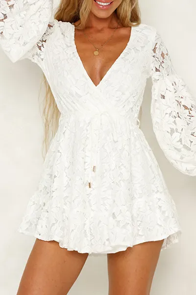 Elegant Solid Frenulum Backless V Neck Lace Dress Dresses
