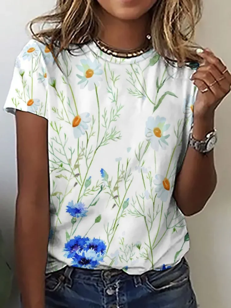 Printed Short Sleeve Casual T-shirt for  Women and Men Unisex Pattern Blue,Floral,White