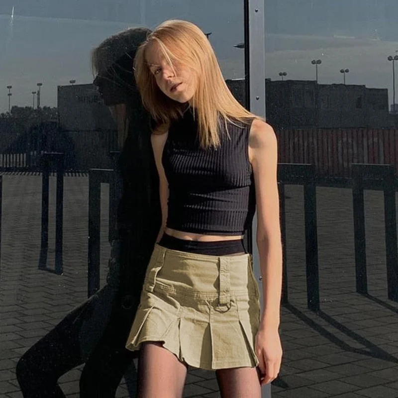 Rapcopter y2k Khaki Denim Skirts Vintage Low Waisted Pleated Jeans Skirts Women Prepply Cute Korean Short Skirts Summer Sporty