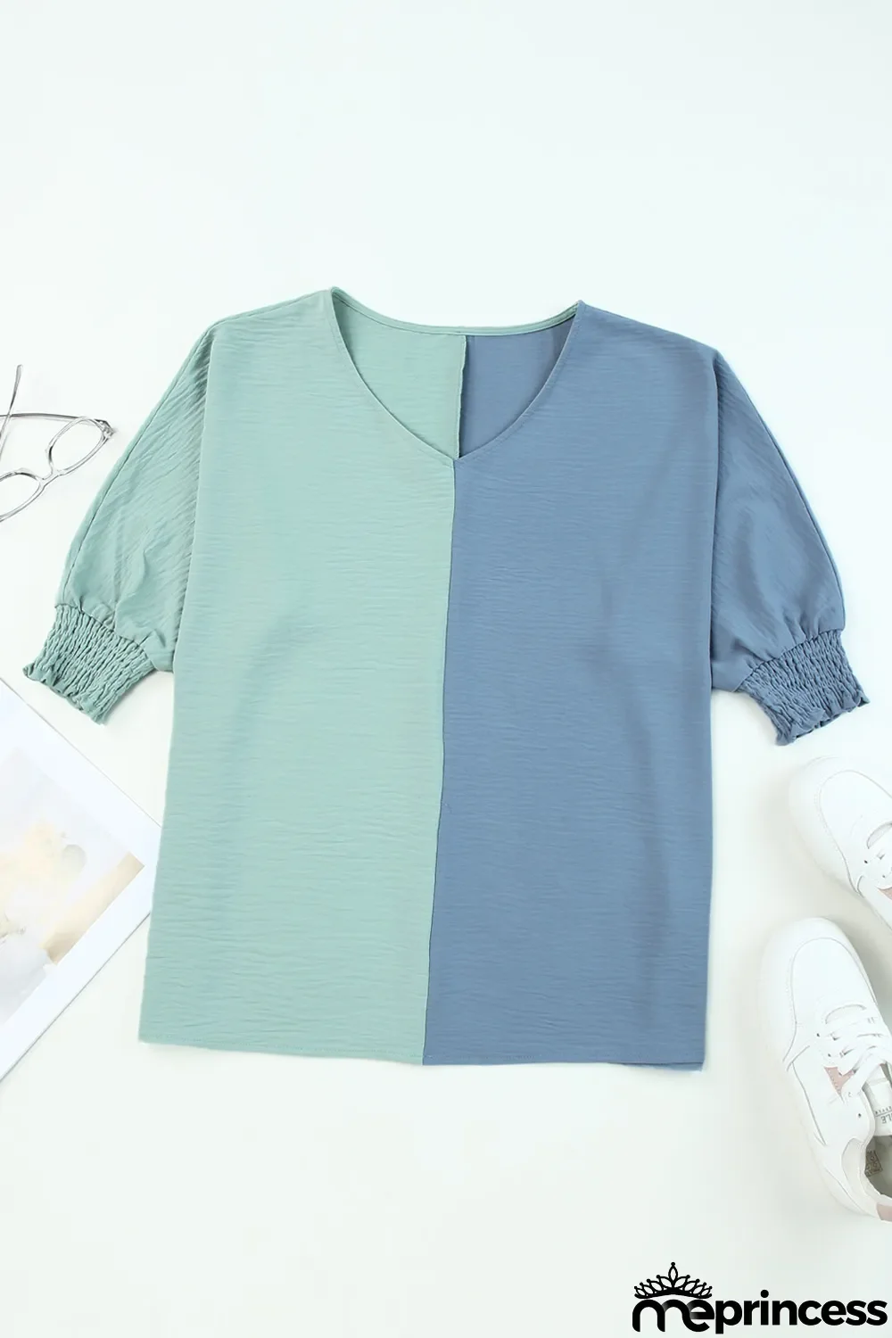 Green Color Block Shirred 3/4 Sleeve V Neck Top