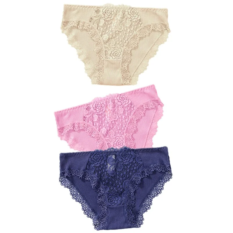 3PCS Cotton Panties Underwear Solid Women Sexy Lace Underpants Soft Briefs Set Female Intimates Plus Size Lingerie Panty XL XXL