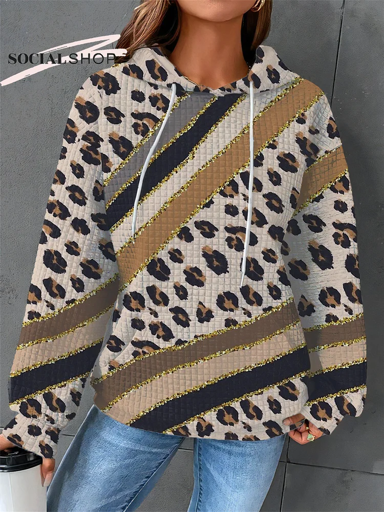 Leopard Print and Modern Art Patchwork Print Casual Waffle Grid Long Sleeve Hooded Sweatshirt socialshop