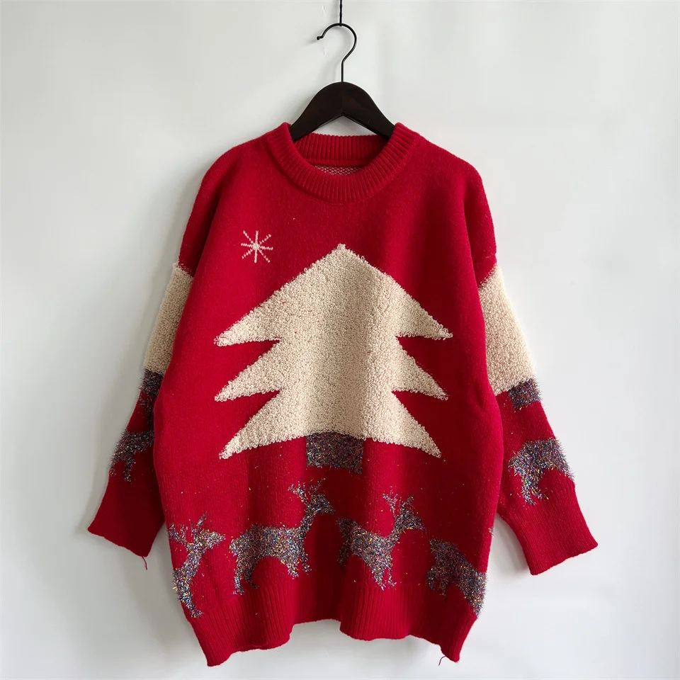 Christmas Tree Jacquard Knitted Round Neck Loose Pullover Thickened Sweater