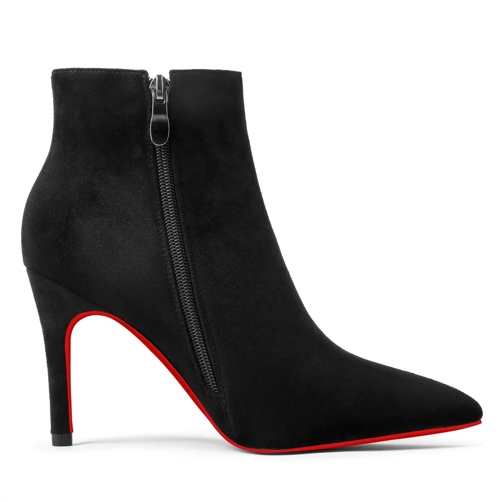 90mm Women's Ankle Boots Closed Pointed Toe Red Bottom Stilettos Croc/Suede Booties-vocosishoes
