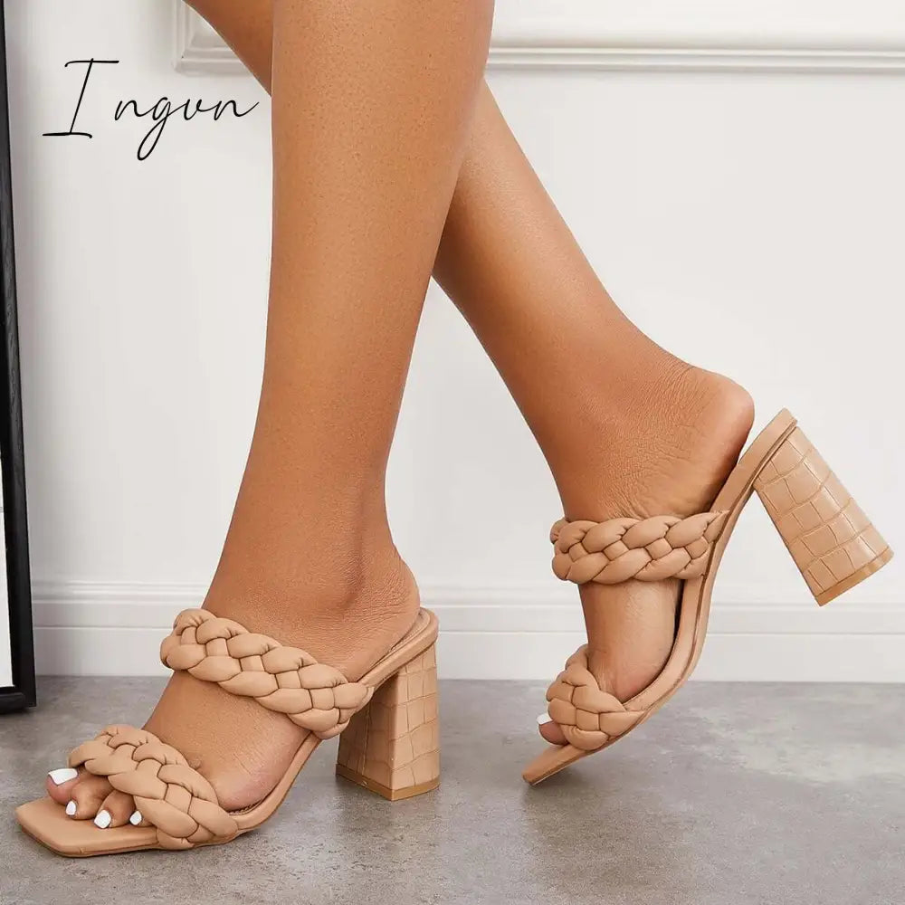 Ingvn - Square Toe Block High Heels Backless Slip On Mule Sandals Khaki / 5 Slippers