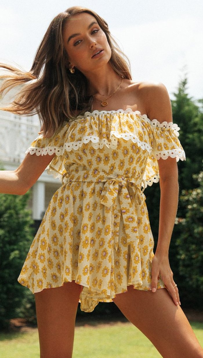 Floral Print Off the Shoulder Rompers