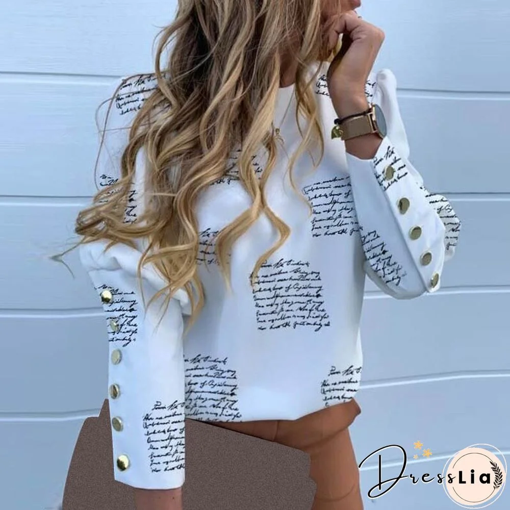 Designer Women Chiffon Blouse Long Sleeve Back Metal Buttons Shirt Ladies Autumn O Neck Casual Print Blouses Plus Size Tops