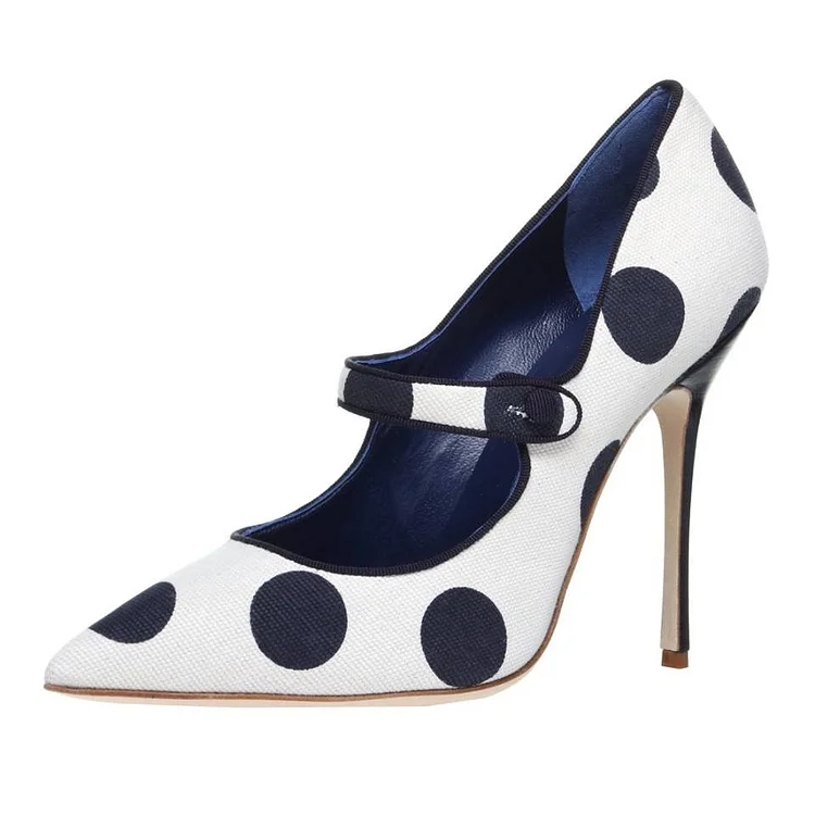 White and Navy Polka Dots High Heel Canvas Mary Jane Pumps Vdcoo