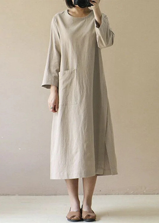 French O Neck Pockets Patchwork Linen Dress Spring