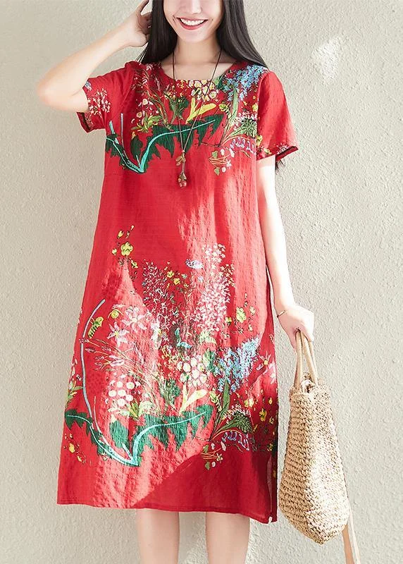 Modern print linen dresses Tunic Tops red Dress summer