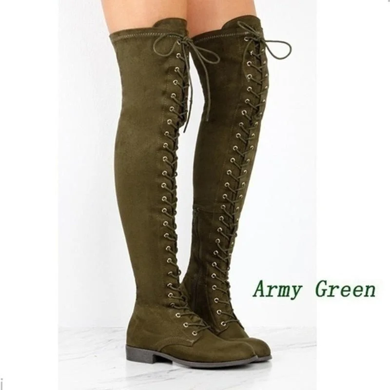 comemore New Sexy Women's Winter Boots Thigh High Boots Lace Up Rubber Female Shoes Rome Style Over The Knee Long Boot for Women