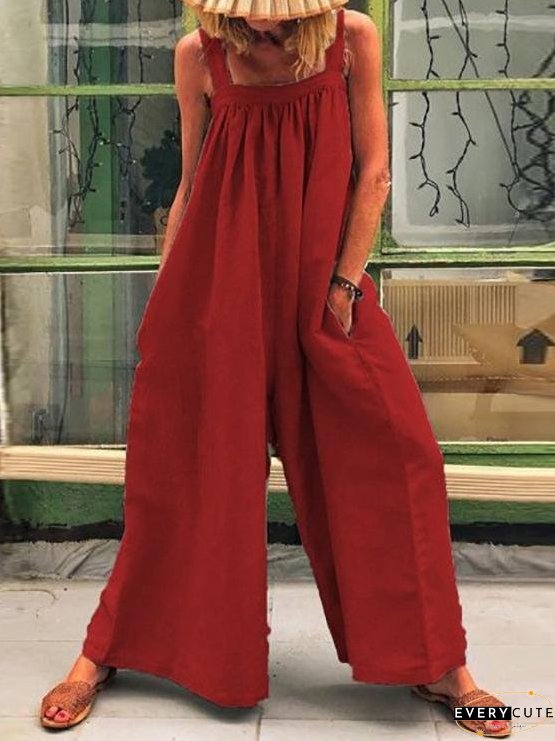Casual Solid Sleeveless Suspender Jumpsuit for Women