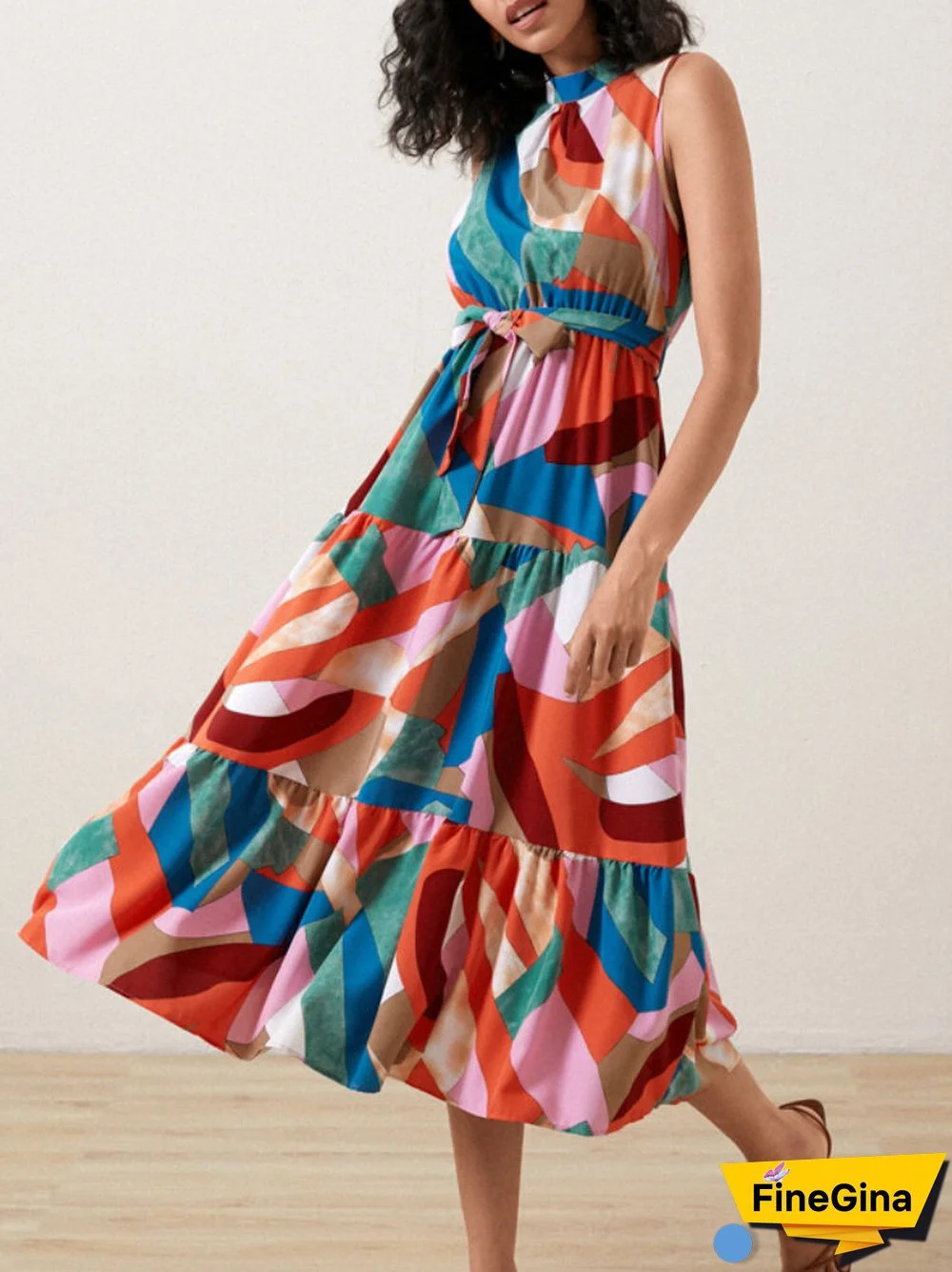 Multicolor Geo Print Stand Collar Sleeveless Maxi Dress