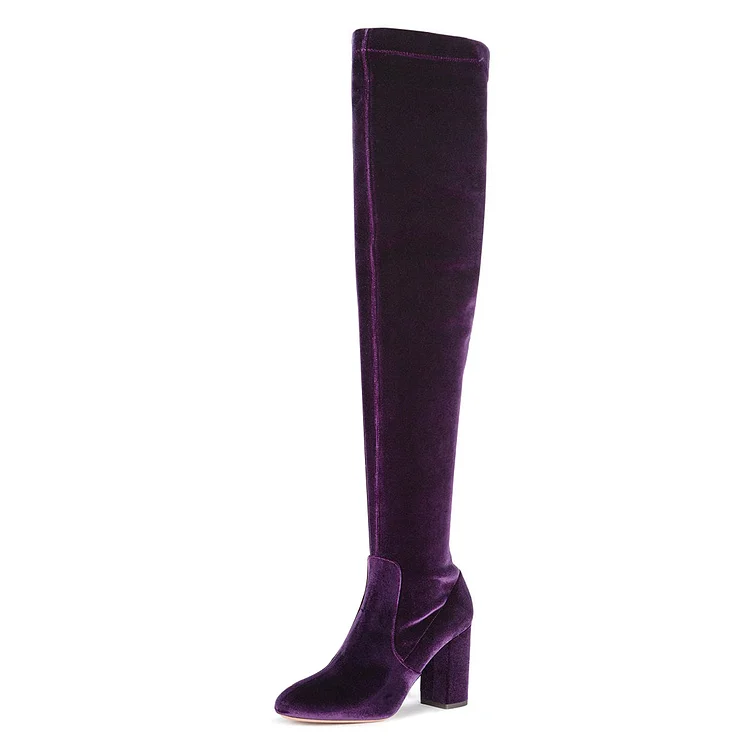 Violet Velvet Chunky Heel Boots Over-the-knee Boots |FSJ Shoes