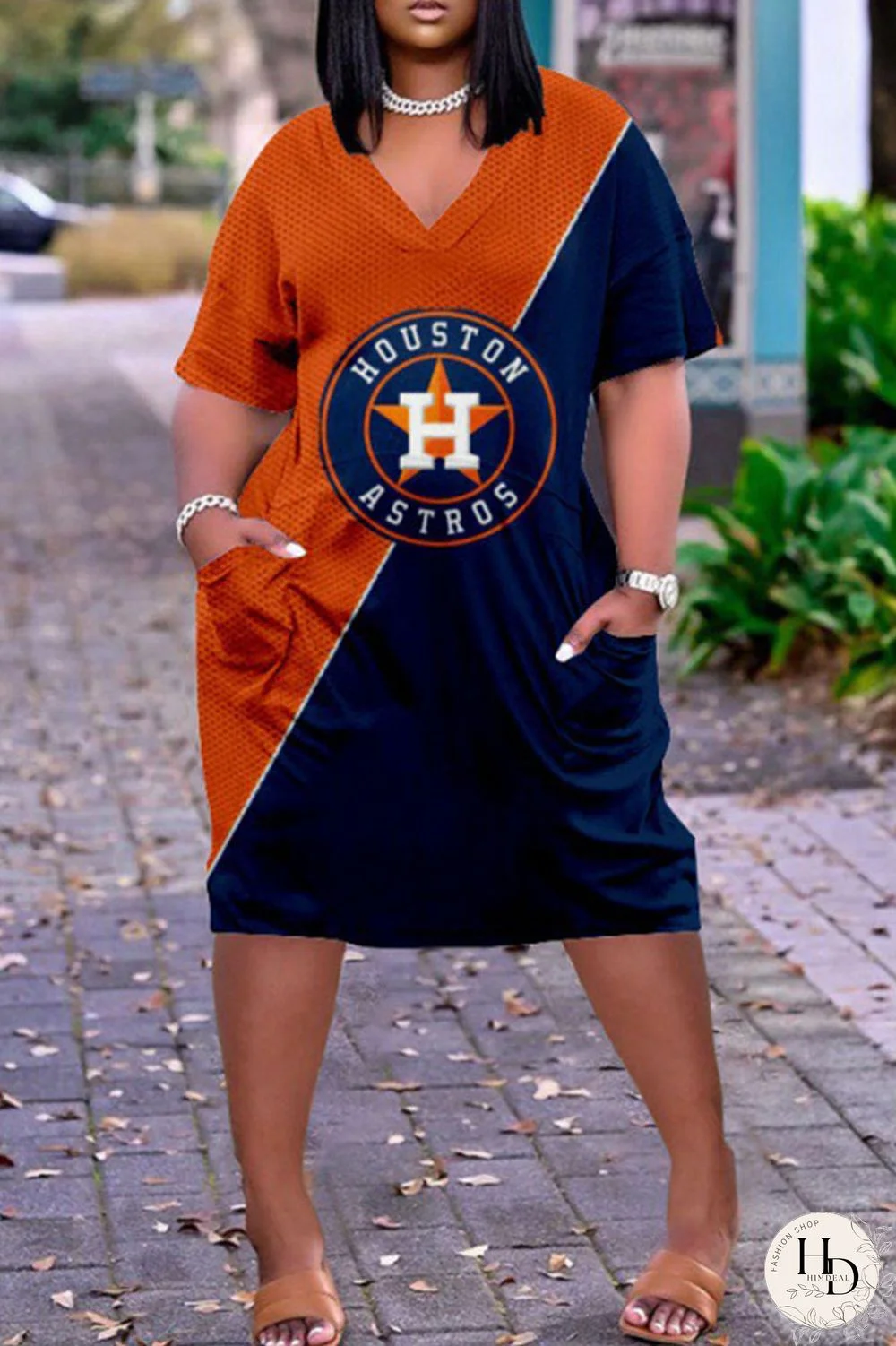 Orange Blue Fashion Casual Print Patchwork V Neck Short Sleeve Dress