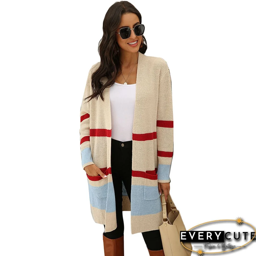 Khaki Knit Long Style Colorblock Cardigan