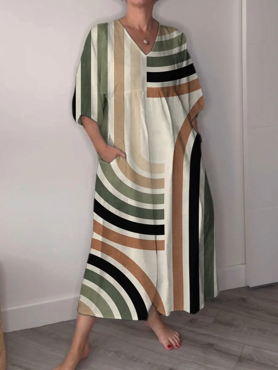 Abstract Geometric Art Printed Women's Pocket V-Neck Cotton Dress