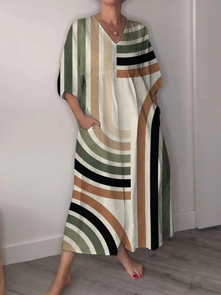 Abstract Geometric Art Printed Women's Pocket V-Neck Cotton Dress