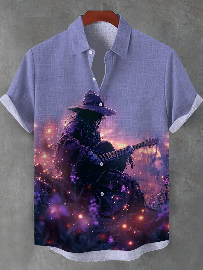 Men's Mystical Witch Plays Guitar Print Casual Shirt