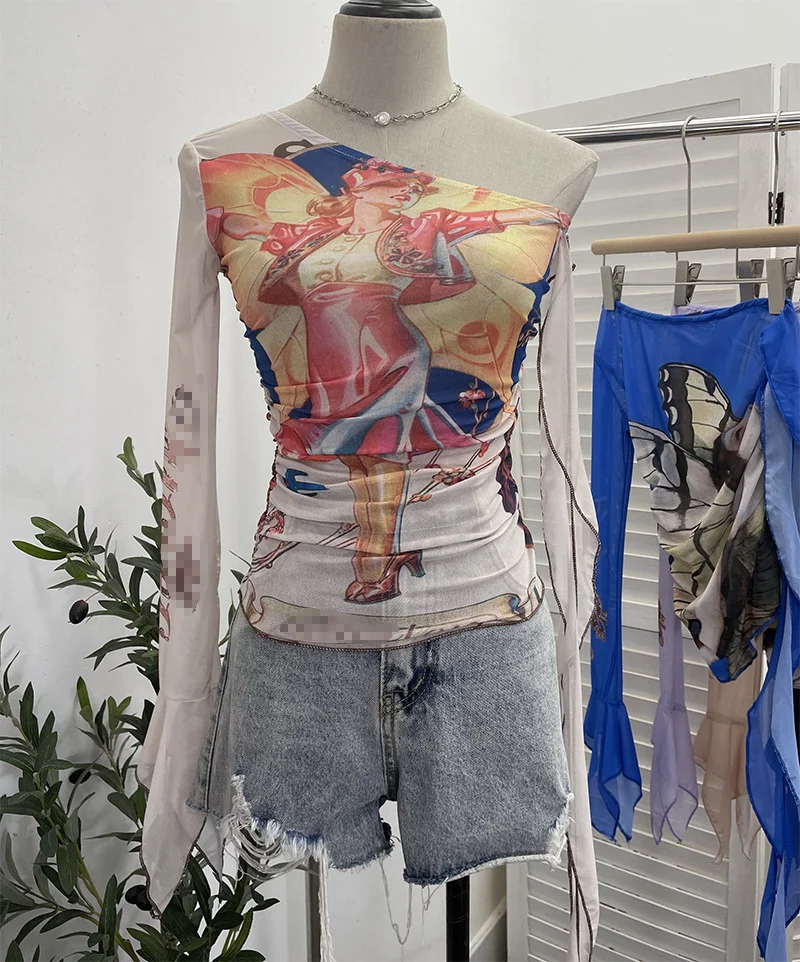 Uveng Design-Sensitive One-Shoulder Horn Long-Sleeved Mesh Yarn-Print T-Shirt With Short Tight Top 9915