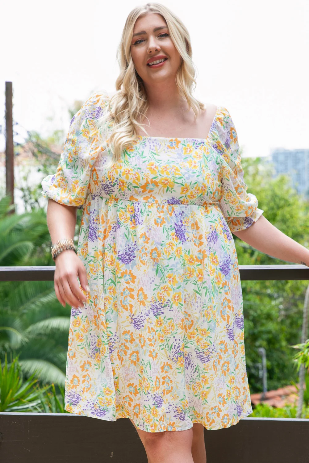 Multicolor Plus Size Floral Print Ruffle Bubble Sleeve Babydoll Dress | IFYHOME