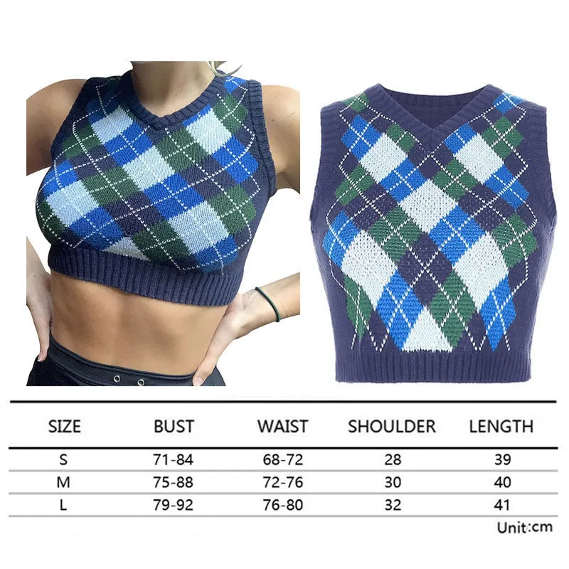 Argyle Sweater Vest Women  Black Sleeveless Plaid Knitted Crop Sweaters Casual Autumn Preppy Style 2020 tops V Neck Vintage