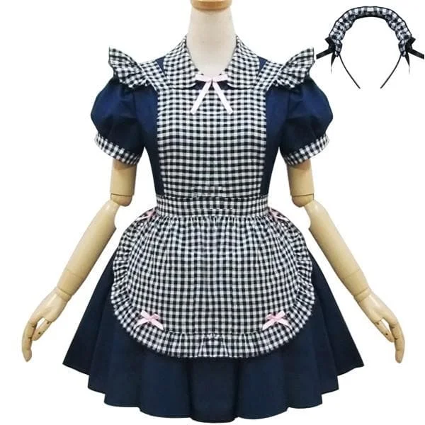 Navy Grid Waitress Maid Cosplay Costume SP1812582