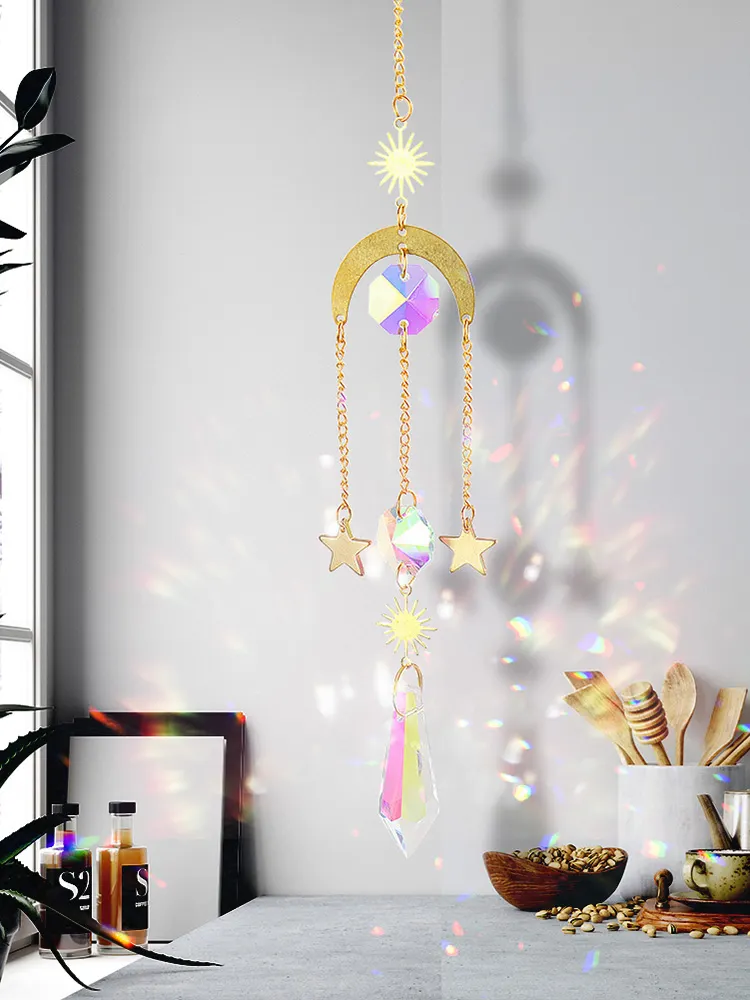 1/4pcs Hanging Crystal Light Catcher Metal Moon Sun Garden Wall Wind Chime