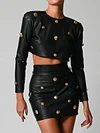 PU Leather Long Sleeve Rivet Fashion Skirt Two-Piece Suit