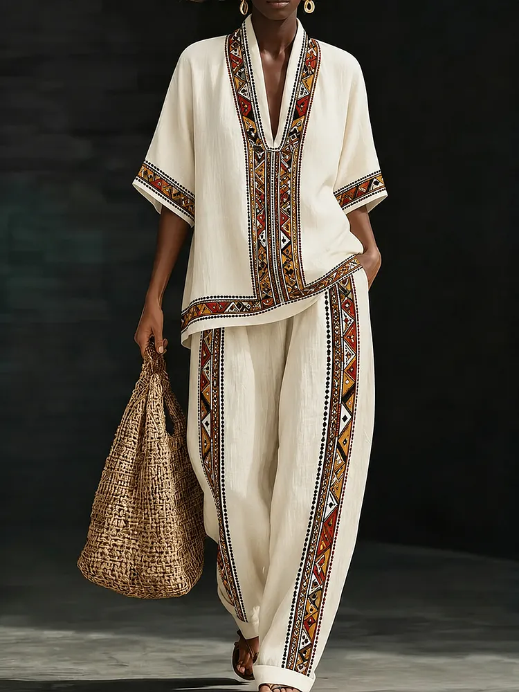 Women's Boho Tribal Print 2-Piece Pants Set &ndash; Casual V-Neck Tunic Top & Loose Wide Leg Trousers
