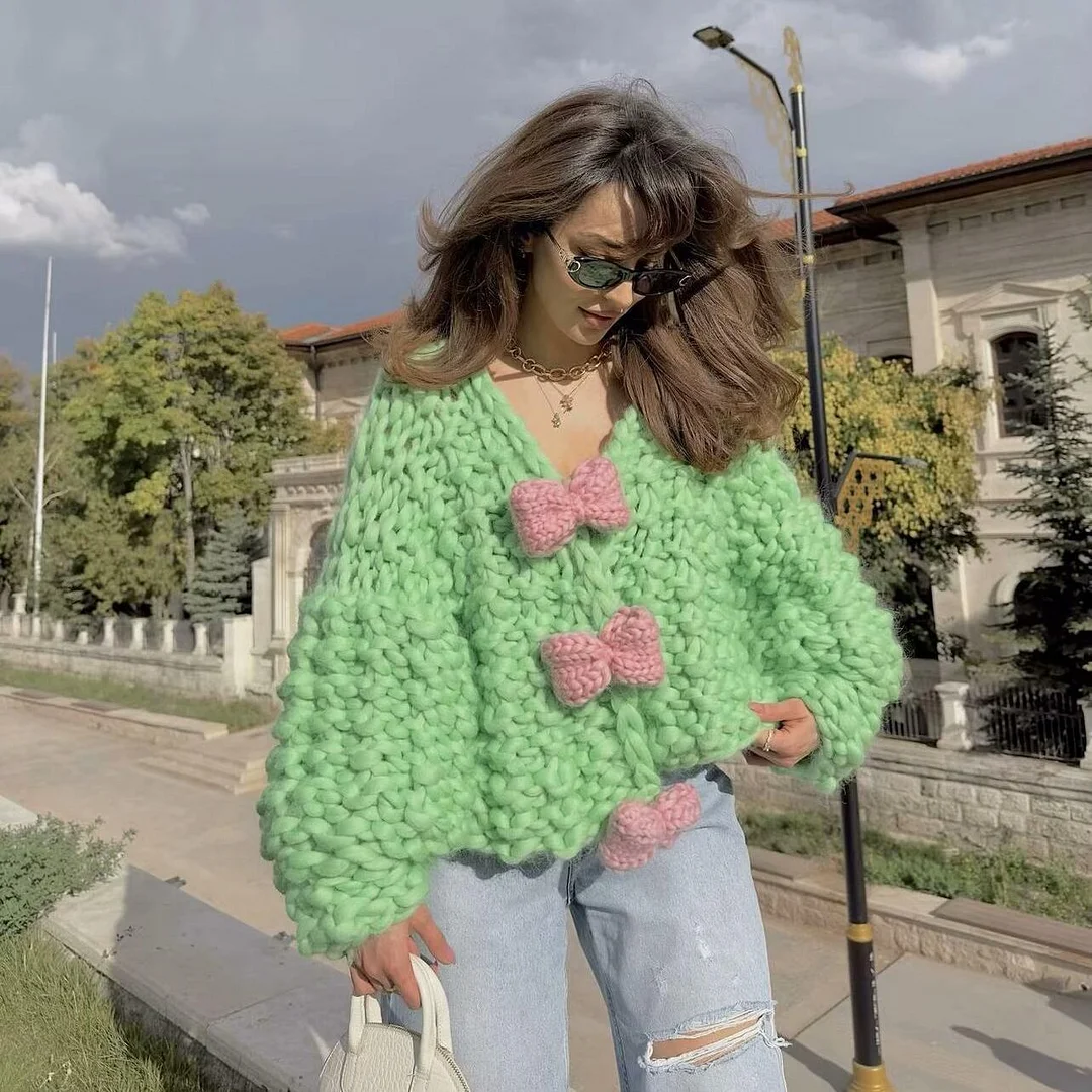 Nigikala Nigikala Bow Sweater Cardigan Jacket Languid Short Heavyweight Knitted Jersey Woman