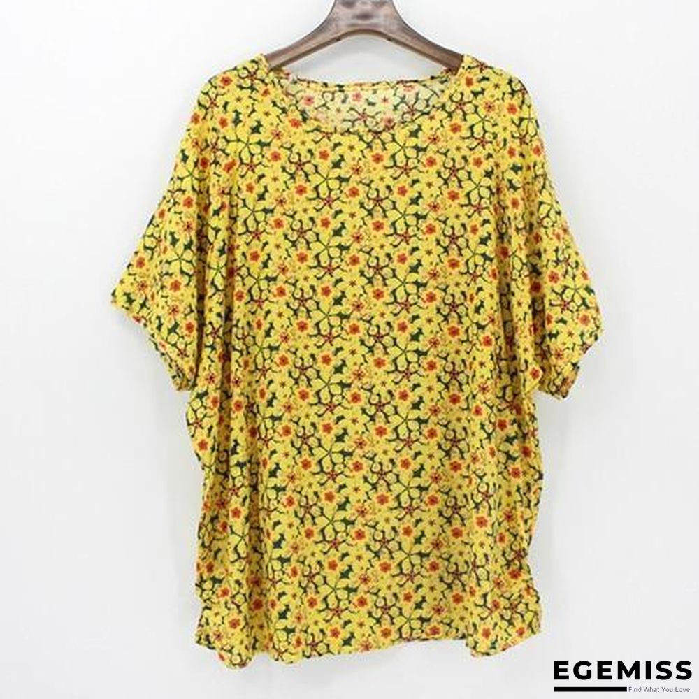 4XL Plus Size Women Batwing Casual Tops Tees Floral Print Cotton Linen Blouses | EGEMISS