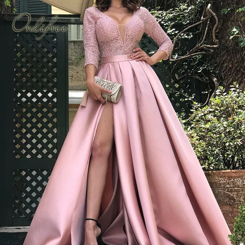 Ordifree 2022 Spring Autumn Floor Length Long Party Dress Elegant Lady Lace Sexy Split Satin Maxi Dress Plus Size S-5XL