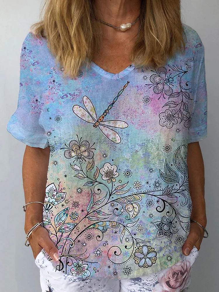 Women's Dragonfly Floral Print Cotton Linen Top