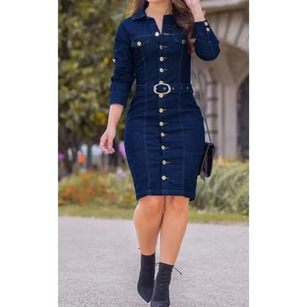 Yskkt Denim Dress Women Button Knee Length Spring Autumn Vintage Vestidos Robe Casual Slim Ladies Office Dress Shirt Jeans Dress