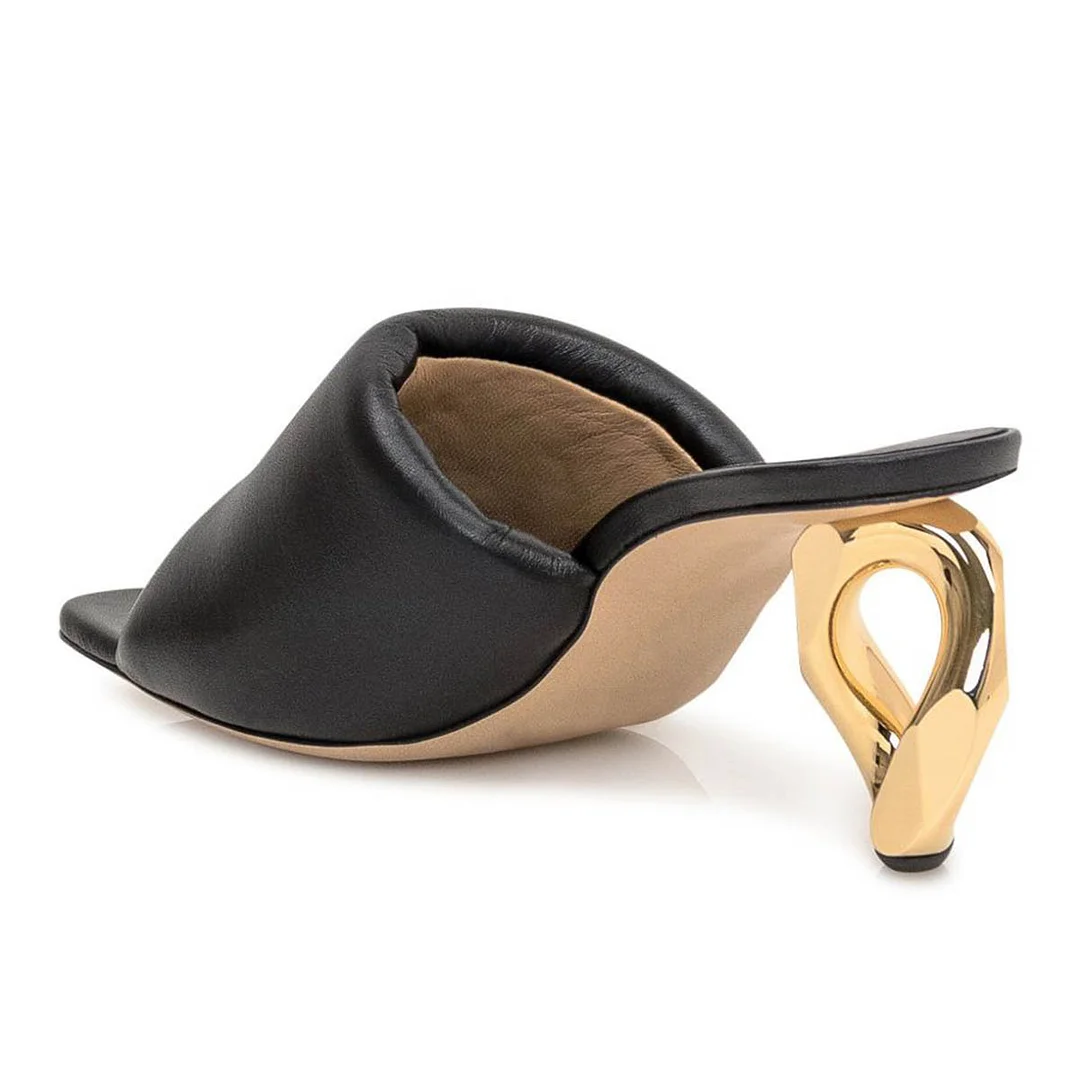 Vegan Leather Sculptural Heel Open Toe Mules Sandals in Black