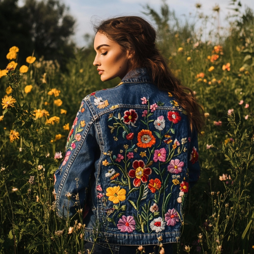 Comstylish Women's Colorful Flower Embroidery Art Denim Jacket