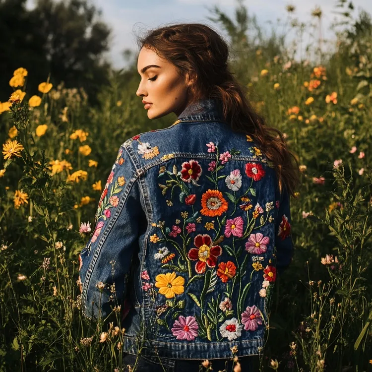 Women's Colorful Flower Embroidery Art Denim Jacket