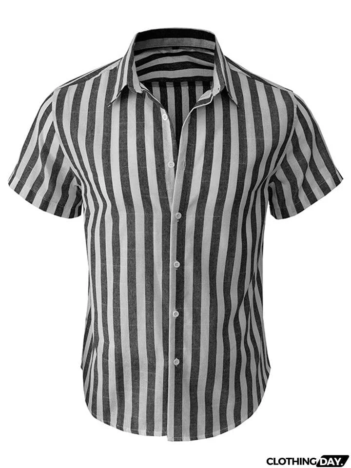 Men's Summer Classic Stripe Lapel Short Sleeve Button Beach Shirts