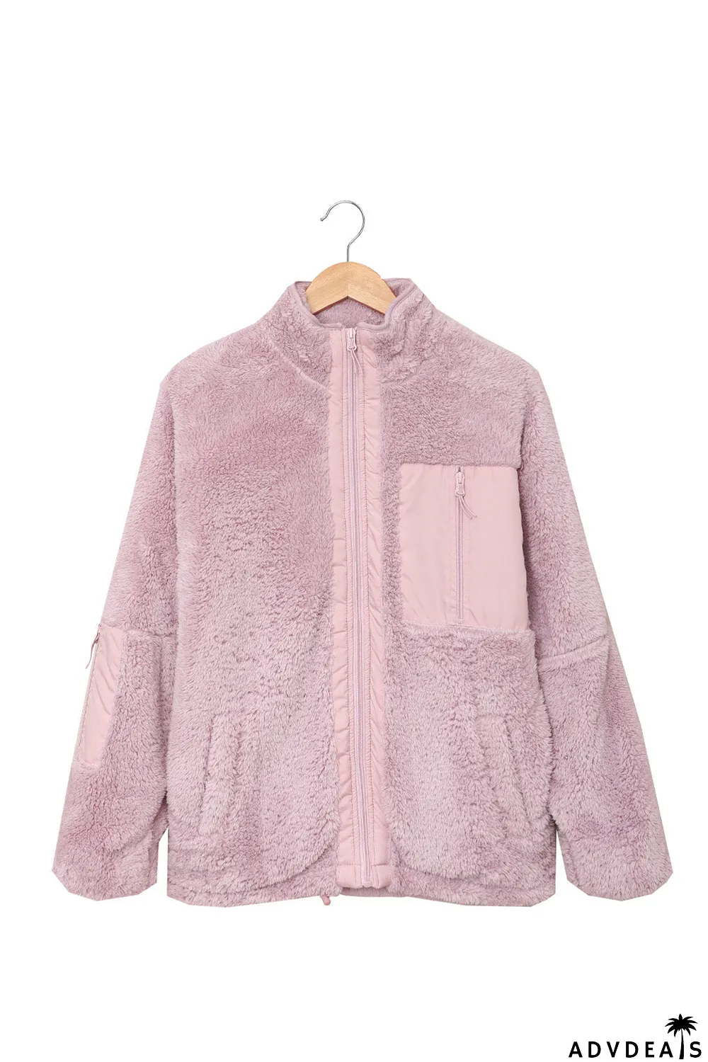 Zip Up Sherpa Coat With Pocket