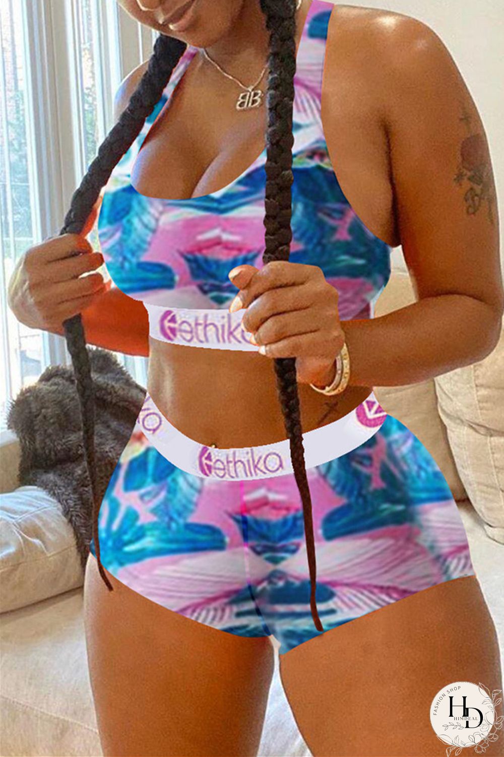 Colour Casual Sportswear Print Vests U Neck Sleeveless Two Pieces