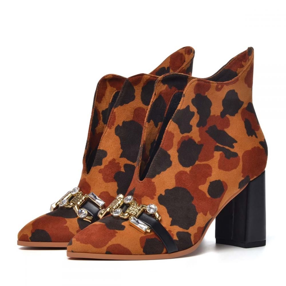 Multicolor Leopard Ankle Boots V-shaped Booties Gems Chunky Heels Nicepairs