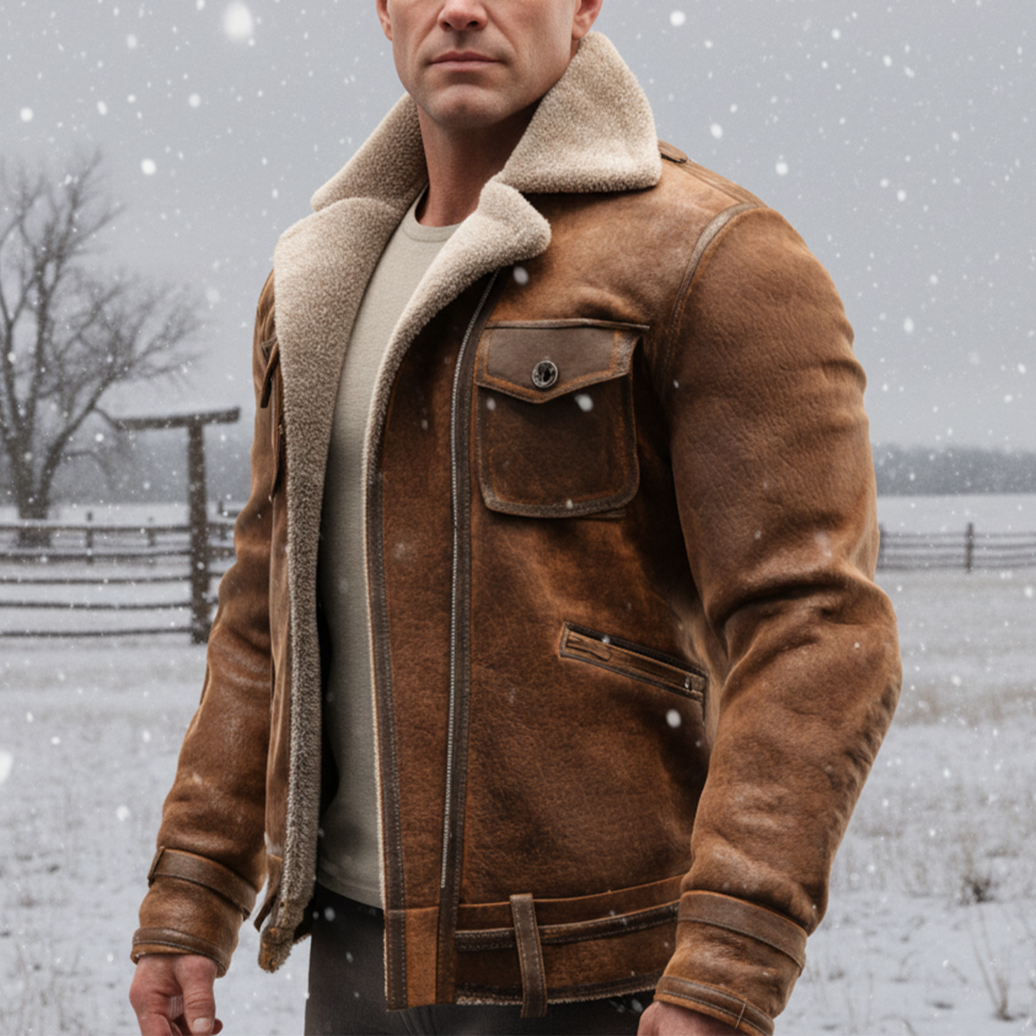 Men's Vintage Brown Leather Jacket With Faux Shearling Lining